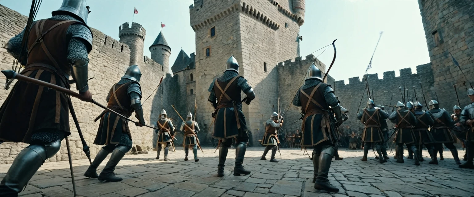 score_9, score_8_up, score_7_up, source_photo, photography, photorealistic, detailed, cinematic angle, rating safe, from below, Wide shot, Medieval soldiers on the stone floor firing their bows against enemy, medieval castle, masterpiece, best quality, 8k,