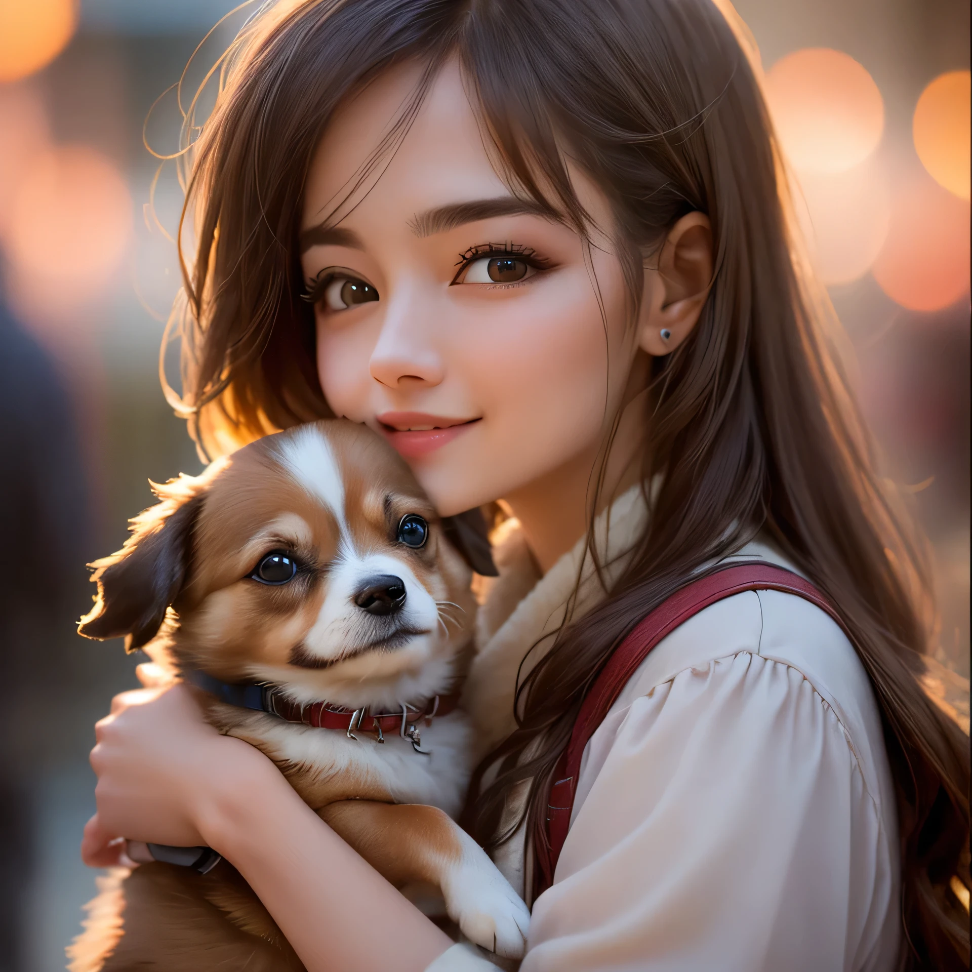 There is a woman with a small dog in her arms, 8k art germany bokeh, Soft Portrait Shot 8k, Larisa Manovar, Dilraba Dilmurat, High-quality portraits, TWICE's Tzuyu, Close-up portrait shot, wonderful, Cute dog, With cute eyes, Young and adorable Korean face, cute portrait, Cute Korean Actresses