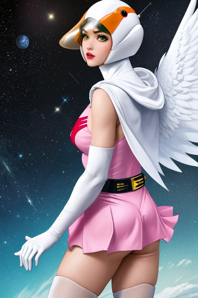 ((masterpiece)),((Highest quality)),((High resolution)),((Highly detailed CG Unity 8k wallpaper)), Outdoor, Day, Upper Body, View your viewers, alone, Concentration, break, Year_Classic_Jun_Gatchaman_myself, Jun the swan, One girl, chest, lips, medium chest, large chest, Green Eyes, lipstick, compensate, eyelash, eye shadow, visor, Helmet, Cape, Elbow hand pockets, Knee socks, belt, White gloves, zettai ryouiki, mask, skirt, White legwear, Superhero, leotard, Spacesuit, Pink Dress, white Cape,  pink leotard, pink skirt, Short dress, from back,
