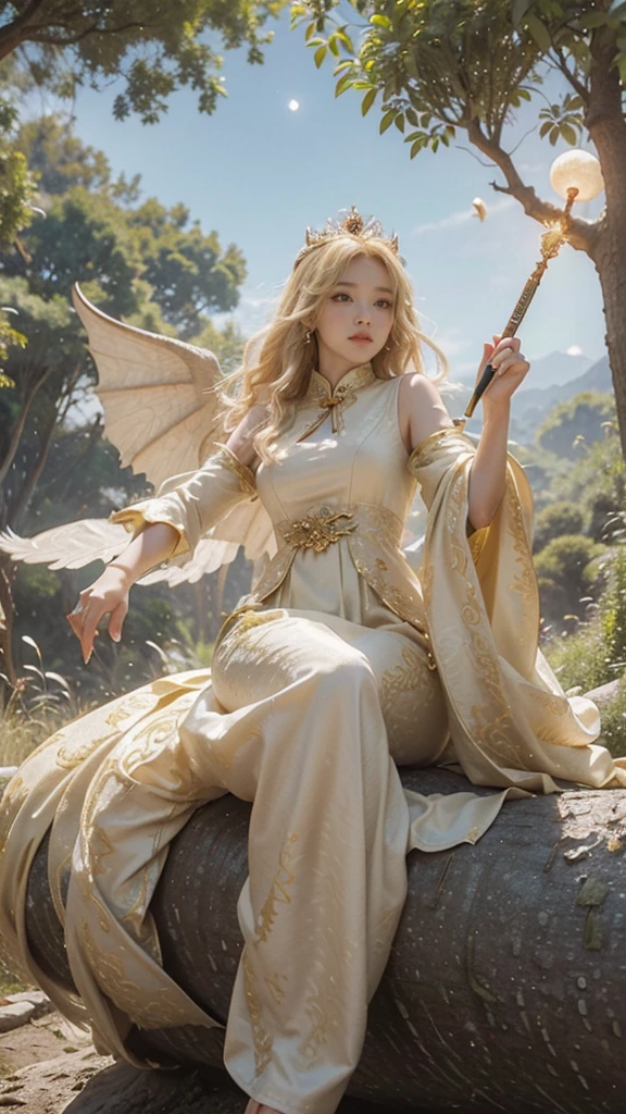 Princess (blonde hair, wearing a long dress, holding a magic wand), background (forest, moon), Chinese dragon (one, five-clawed golden dragon, two wings), princess riding a dragon