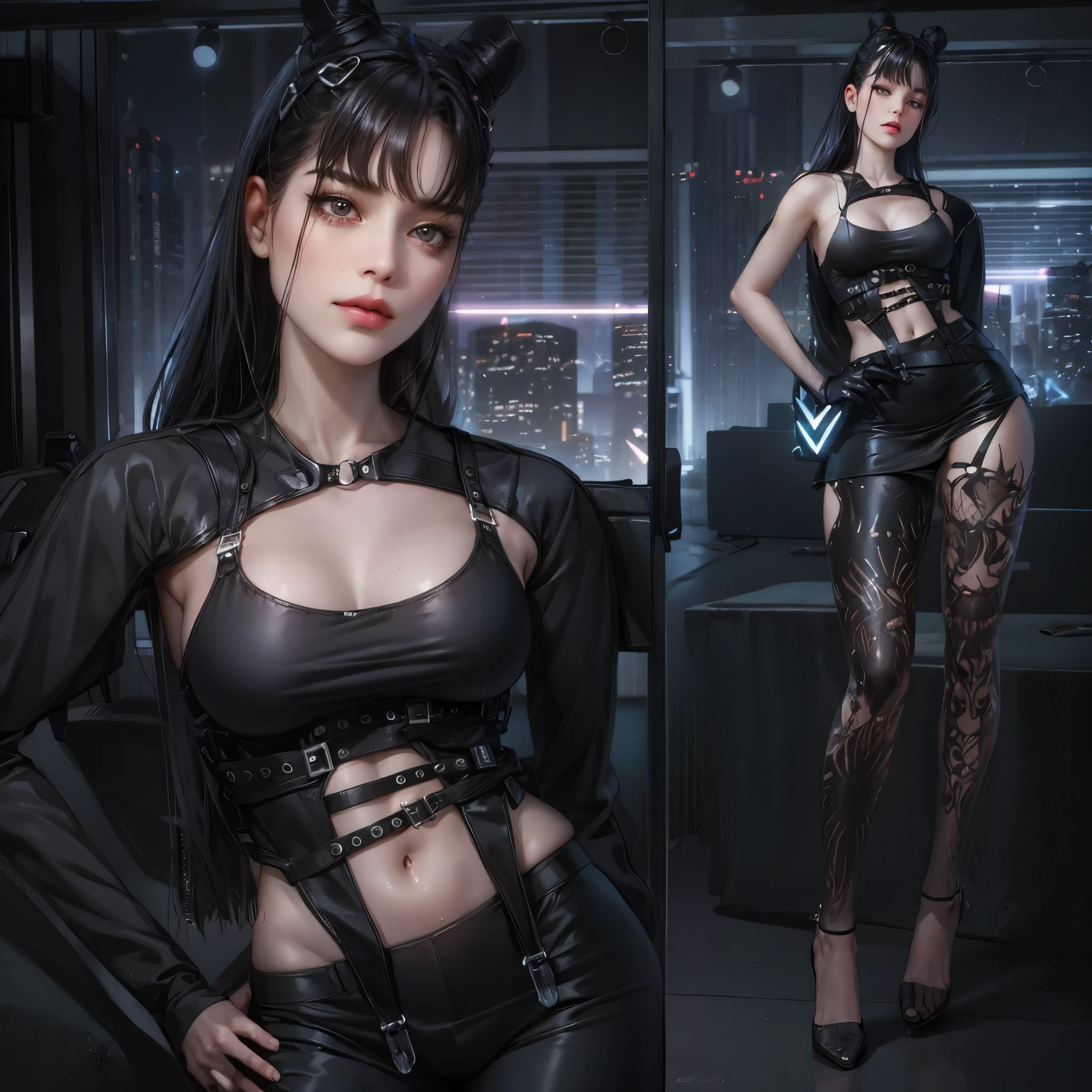 there is a woman in a black outfit posing for a picture, full body!! maximalist details, cyberpunk outfit, cyberpunk style outfit, outfit: cop, sensual gloomy style, cyber punk setting, mechanic punk outfit, imvu, cyberpunk 2 0 y. o model girl, chrome outfit, e-girl, aesthetic!!!!, e - girl, punk outfit