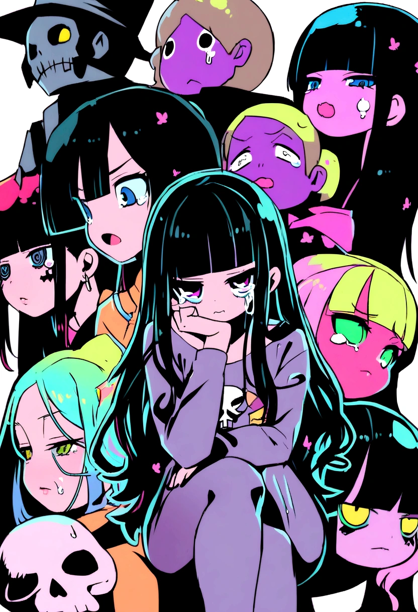 Black Hair、Black Feather、Gothic Punk、Sit on a chair, Crossing your legs、Throne、tears,anime zombie witch design, Crossbones, skull, Streetwear Design, Provector, Horror Style, Full Design, Only 6 colors, Solid Colors, No Shadow, Full Design, Stickers, Bright colors, White Background.Ultra-fine illustrations,(((Beautiful fine hair))),(((Beautiful Faces))),(((Beautiful background))),(((Beautiful fine hair))),(((Beautiful Faces))),(((Beautiful background)))、Black Hair、Blunt bangs