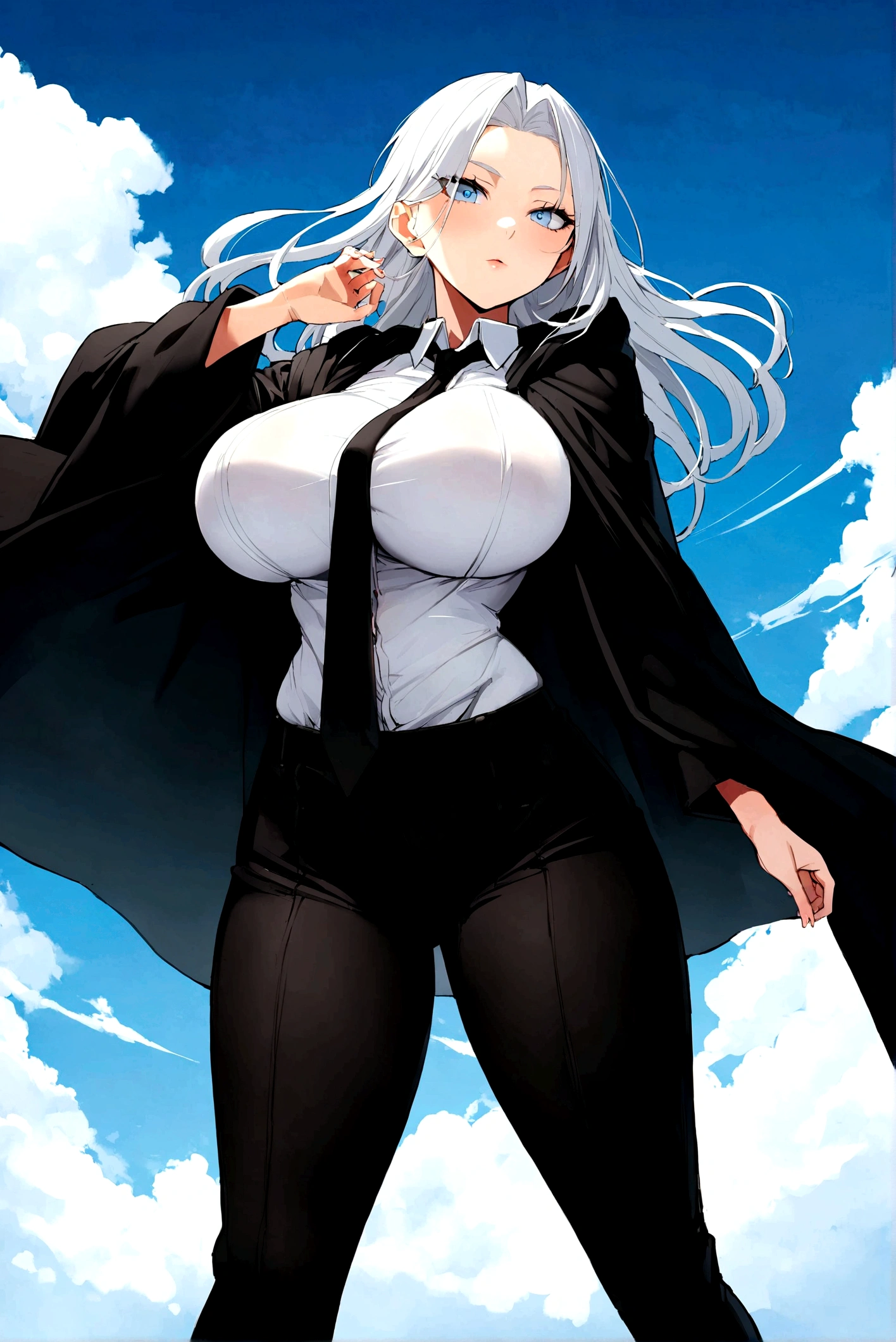 18 year old girl, Long white hair, soft blue eyes and sky, black hooded robe, White shirt, black tie, Black pants. big breasts, curvilinear, Muslona, nalgona and attractive