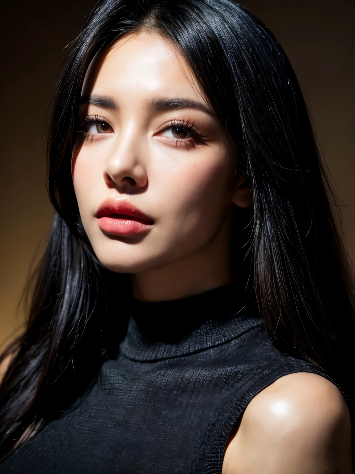 8K, Raw photo, Photorealistic: 1.25), (lip gloss, eyelashes, glossy face, Glossy leather, Best quality, ultra high resolution, Depth of field, Chromatic aberration, caustic, Moisturized lips, Ultra-trimmed face, Shining detailed eyes, black hair, Semi-long, fashionable, Thick knitted dress, obvious