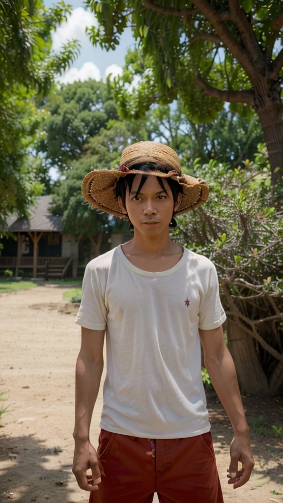 ??? with straw hat on standing in front of a tree, monkey d luffy, monkey d. luffy, luffy, luffy (one piece, luffy from one piece, eiichiro oda style, inspired by Eiichiro Oda, from one piece, portrait of luffy from one piece, one piece style, style of eiichiro oda, one piece, pick one nose