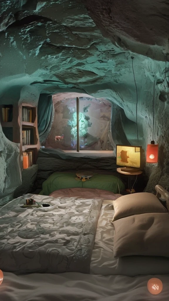 There is a bed with a colorful blanket and a window, Cozy rooms, snow cave, cozy bathhouse hidden in a cave, Cozy place, Studio Ghibli Bedroom, Inside a Hobbit Hole, books cave, Cozy and quiet atmosphere, 中央の石のcave, In the bedroom!!!!!!!!!!!!!!!!!!!!, cave, Cozy environment, basement, Cozy 90s Bedroom Retro-Futurism