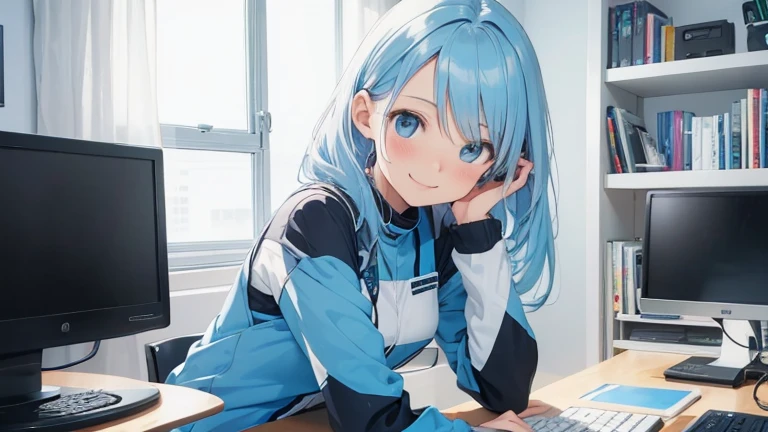 Programming on a computer, cheerful, smiling, cute girl, 1 person, sitting, semi-long light blue hair, bright computer room, illustration, no cut-out