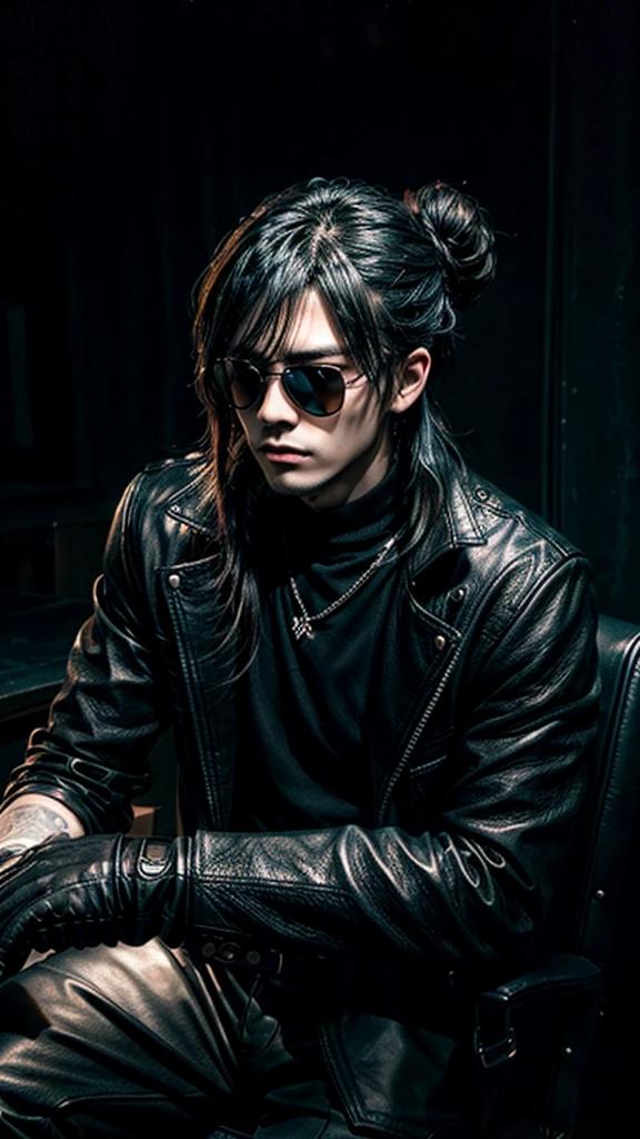 a stylish korean man with long hair tied in bun, wearing black round sunglasses, black leather gloves, dark clothing, sitting on a chair in a dark environment, dynamic point of view, best quality, ultra-detailed, photorealistic, vivid colors, dramatic lighting, chiaroscuro, dark and moody atmosphere, masculine, charismatic, punk style