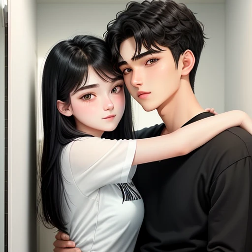 Couple hug scene sit on closet in bathroom
20-year-old boy and 18-year-old girl, Detailed face, Detailed eyes, double eyelid,, Handsome-cool-warm-boy with black hair and hot-seductive-sexy-cute-beautiful-girl with black hair and blushing face. Intimate vibes.