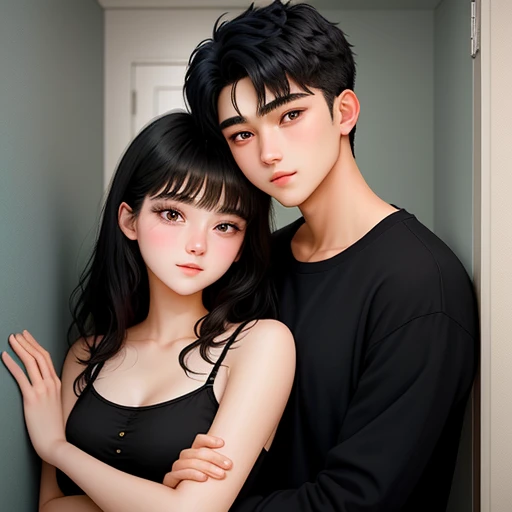 Couple hug scene sit on closet in bathroom
20-year-old boy and 18-year-old girl, Detailed face, Detailed eyes, double eyelid,, Handsome-cool-warm-boy with black hair and hot-seductive-sexy-cute-beautiful-girl with black hair and blushing face. Intimate vibes.