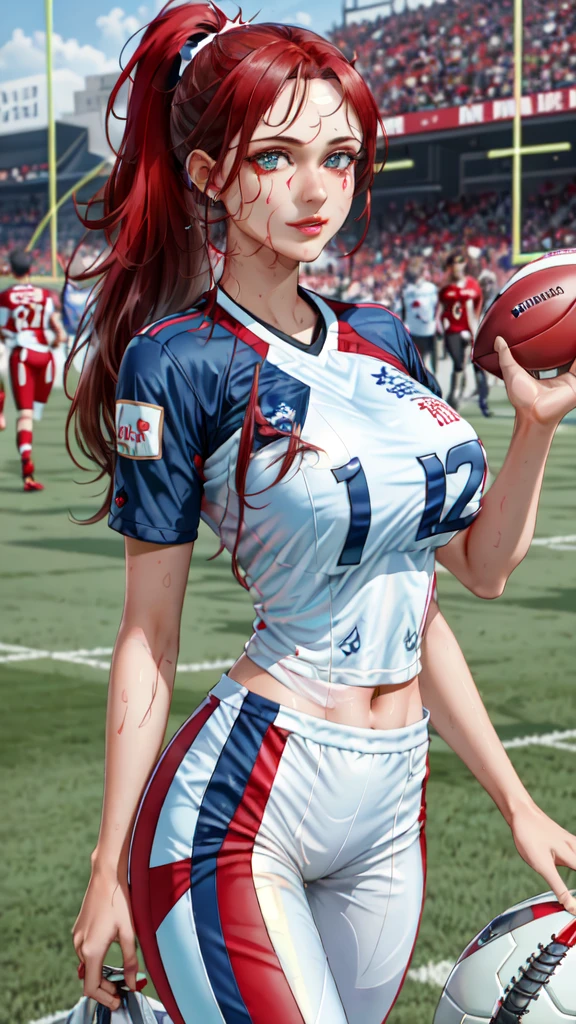 Craft: 1.2;  best quality),  realistic  (real image, rich details, depth of field);  (1 girl, solo),  make up,  split lip  high detail;  perfect face shape  (Big breasts: 1.4);  (skin piercing) thick thigh  wide hips  thin waist  tall  Thanta  lipstick  red eyes  ponytail  ((((football girl, blue and white striped football suit)))), (sweat: 1.2), (wet),  sexy  red  First half break style in a sweaty football field