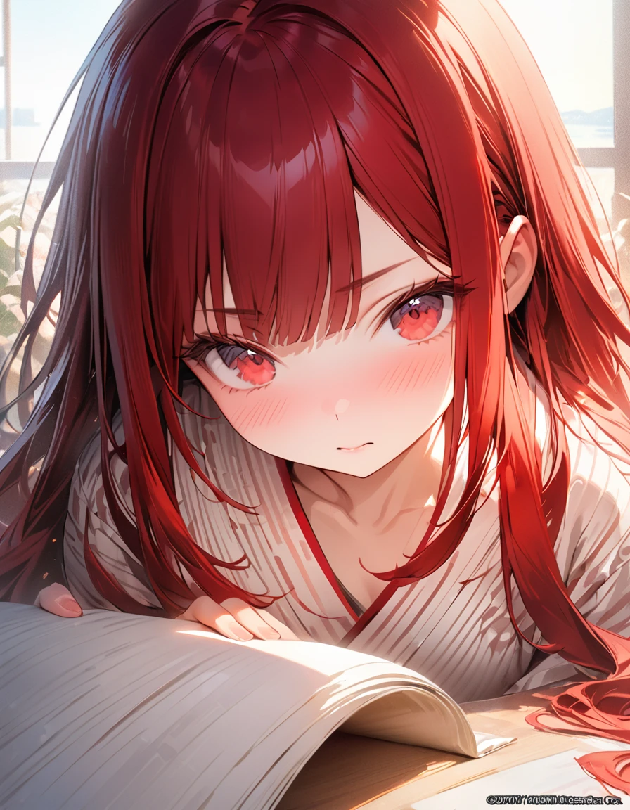 masterpiece　A woman with very long red hair　Japanese-style yukata　Embarrassed(Masseter muscle area, high quality, Mysterious, Beautiful and beautiful, Ideal body proportions, Official image art, Impressionism), (Ultra-high resolution, 8k RAW photos, Photorealistic, Natural light, Textile Shading),Perfect Fingers
