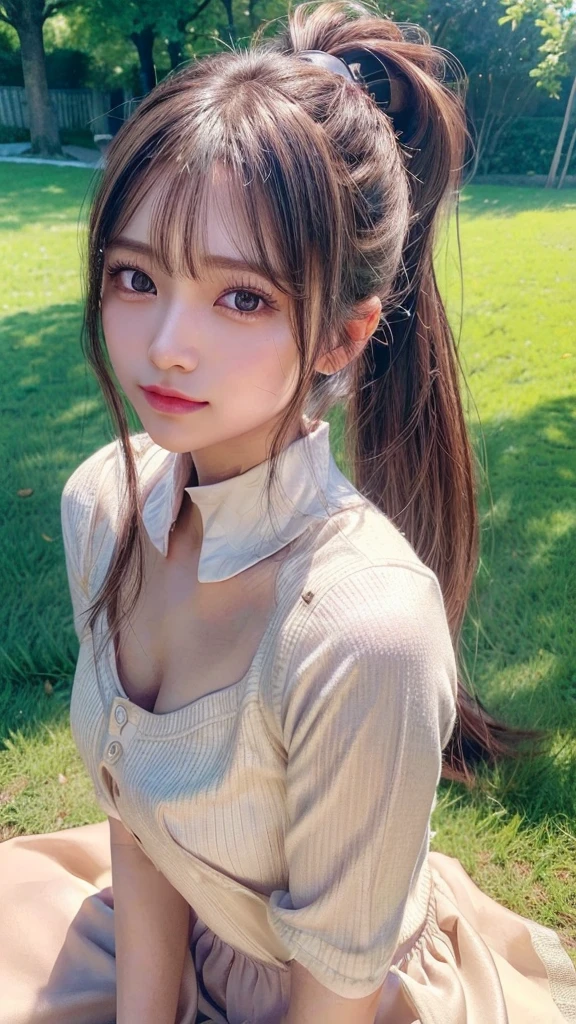 One piece with collar,outdoors,Urban Park,On the lawn,Ultra-detailed, finely detail, hight resolution, 8K Wallpaper, Perfect dynamic composition, Beautiful detailed eyes,Outdoor,Close-up of face,Outdoor,Blushing,Facing forward,,Long hair ponytail,((8k, Raw photo, Best Quality, Mastepiece:1.2), (Realism, Photorealistic:1.4), (Highly detailed 8K wallpapers), Depth of written boundary, Cinematic Lighting, Soft Light, Detailed Beauty Eye,Shiny and smooth light brown ponytail, Asymmetrical bangs, Shiny skin, Ultra-detailed skins ,It is high resolution., High detail, Detailed hairstyle, Detailed facial beauty, Hyper-realistic, Perfect limbs, Perfect Anatomy ,1 Japanese girl,Famous Japanese Idols, Perfect female body,A shy smile,Short eyelashes,Double-edged eyelids,Look straight here,Hair style: ponytail,