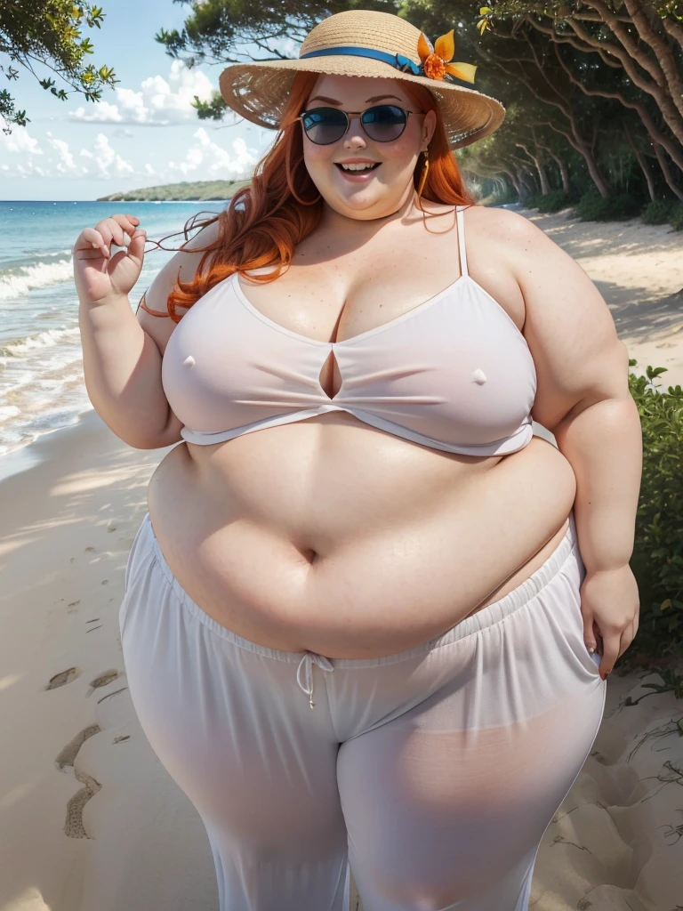 A Happy upper front look photo of a young beautiful redhead bbw bride with soft fat belly, wide fat obese hips, thick fat legs and fat arms, cute pretty face, small breasts, blue eyes, freckles, in a cute orange top and trousers wearing a summer hat and sunglasses on a beach path full of trees