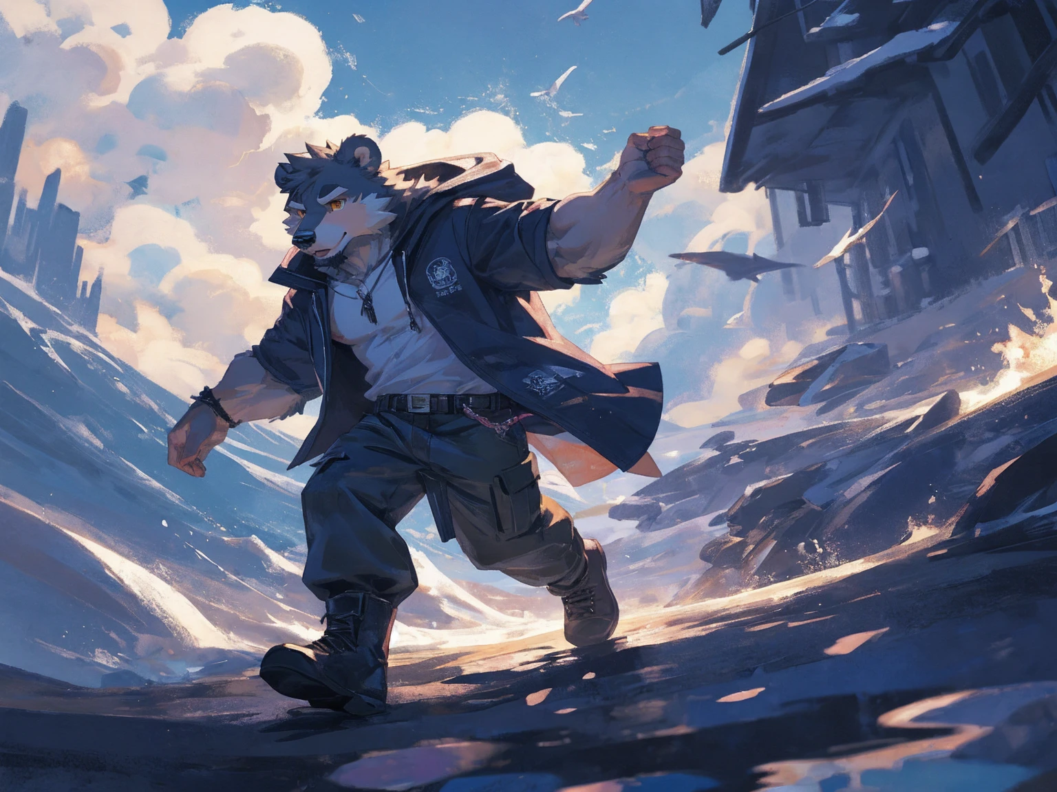(masterpiece:1.2), best quality,pixiv,official art,perfect ???????, (Ray tracing, light),solo, (1_male:1.3) , (muscle), (grey fur:1.4), (muscle bear), (beard:1.2), (gleaming golden eyes), bear tail, full body, Thick black eyebrows,(open hooded parka), (naked inside), (cargo pants:1.2), boots , (dynamic pose), (jumping in the sky) , fjord, outside ,sea ,arctic