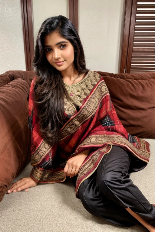 beautiful cute young attractive indian age girl, village girl, 18 years old, cute, Instagram model, long black_hair, colorful hair, warm, dacing, in home sit at sofa, indian and saree