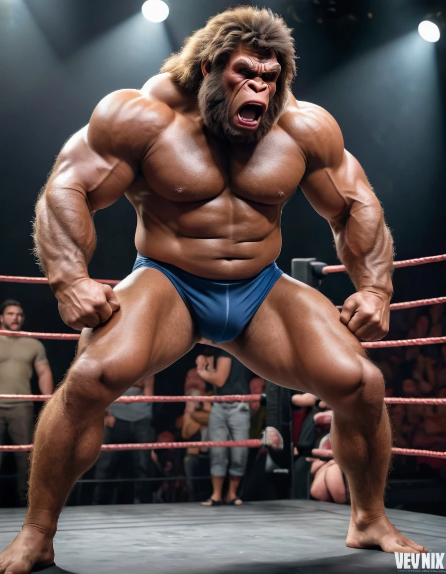 (RAW photo of a Neanderthals:1) , (hyper realistic:1.4), (Neanderthal man:1.4),transformation,(half gorilla mix :1), tall, bulky,hulk body, chubby, (very muscular:2), (hairy body:1.5),(detail face:1.1), tan skin, thick arms, (veiny arms:1.1), (bloated gut:1.5),(wearing underwear:1.1), thick legs, rounded pecs, (big arms:1.1), veiny arms, dark brown skin, (wrestling another skinny guy on a stage:1.1) ,angry, hdr, photorealistic
masterpiece, cinematic, best quality, sharp focus, 