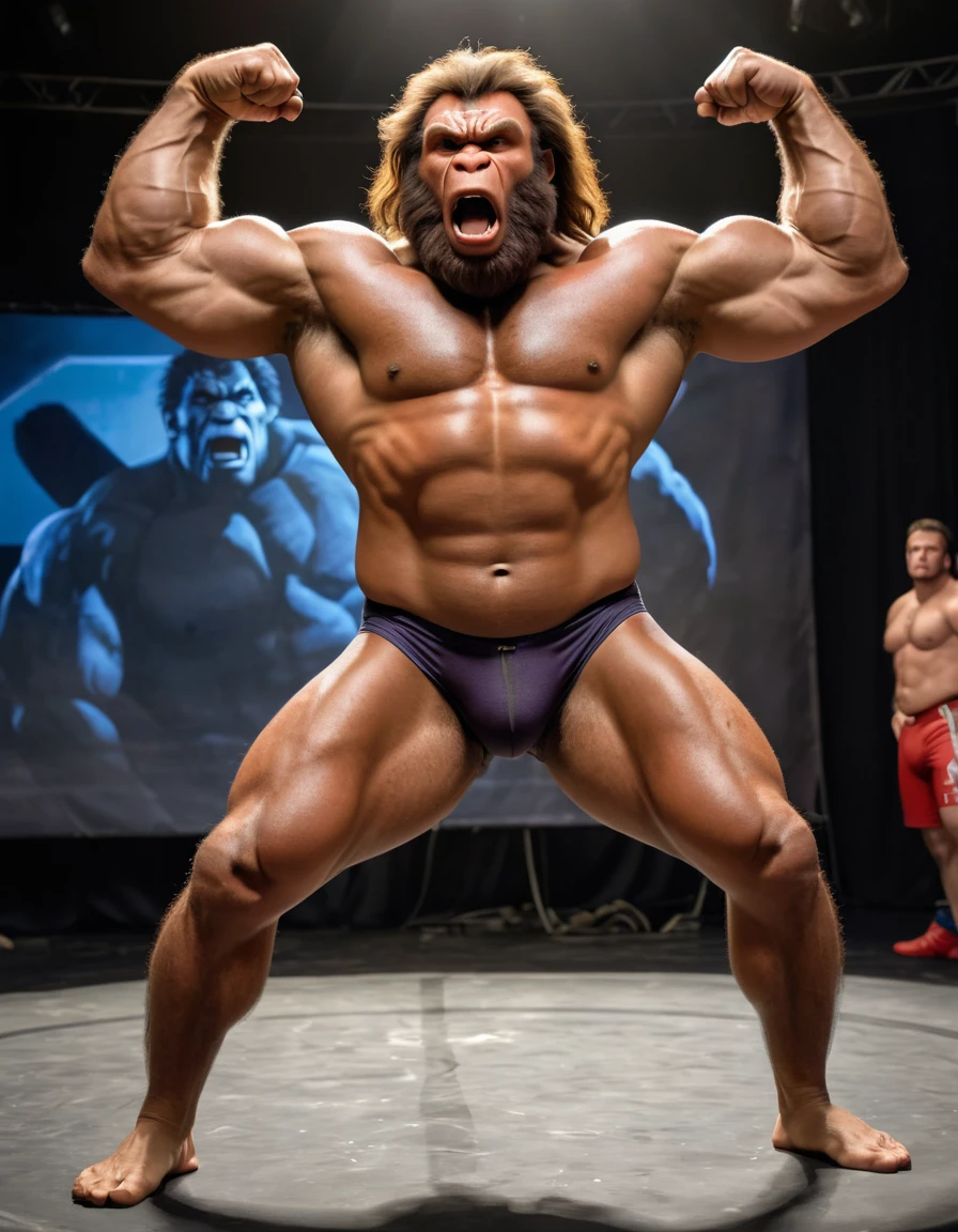 (RAW photo of a Neanderthals:1) , (hyper realistic:1.4), (Neanderthal man:1.4),transformation,(half gorilla mix :1), tall, bulky,hulk body, chubby, (very muscular:2), (hairy body:1.5),(detail face:1.1), tan skin, thick arms, (veiny arms:1.1), (bloated gut:1.5),(wearing underwear:1.1), thick legs, rounded pecs, (big arms:1.1), veiny arms, dark brown skin, (wrestling another skinny guy on a stage:1.1) ,angry, hdr, photorealistic
masterpiece, cinematic, best quality, sharp focus,