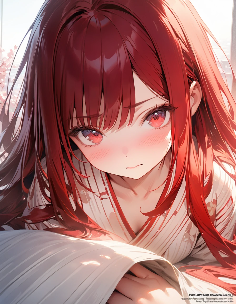masterpiece A woman with very long red hair Japanese-style yukata Embarrassed(Masseter muscle area, high quality, Mysterious, Beautiful and beautiful, Ideal body proportions, Official image art, Impressionism), (Ultra-high resolution, 8k RAW photos, Photorealistic, Natural light, Textile Shading),Perfect Fingers