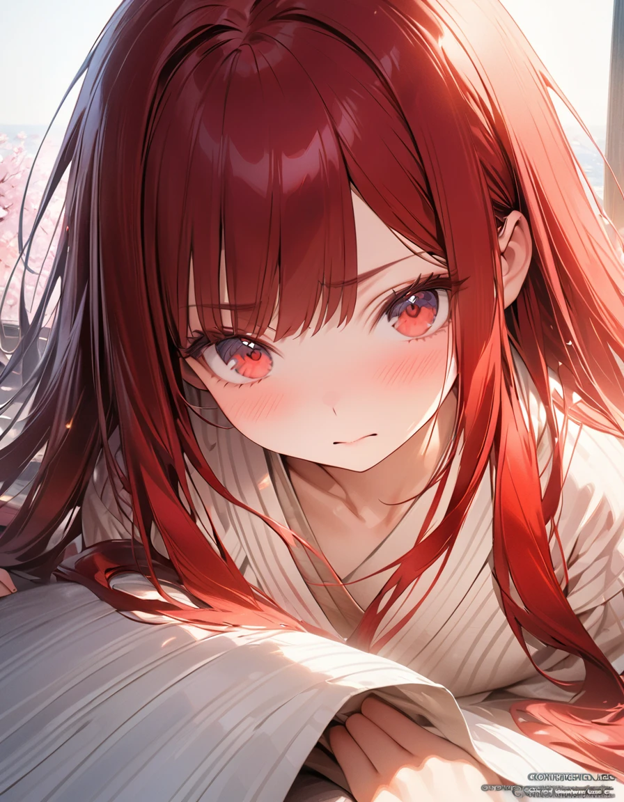 masterpiece A woman with very long red hair Japanese-style yukata Embarrassed(Masseter muscle area, high quality, Mysterious, Beautiful and beautiful, Ideal body proportions, Official image art, Impressionism), (Ultra-high resolution, 8k RAW photos, Photorealistic, Natural light, Textile Shading),Perfect Fingers