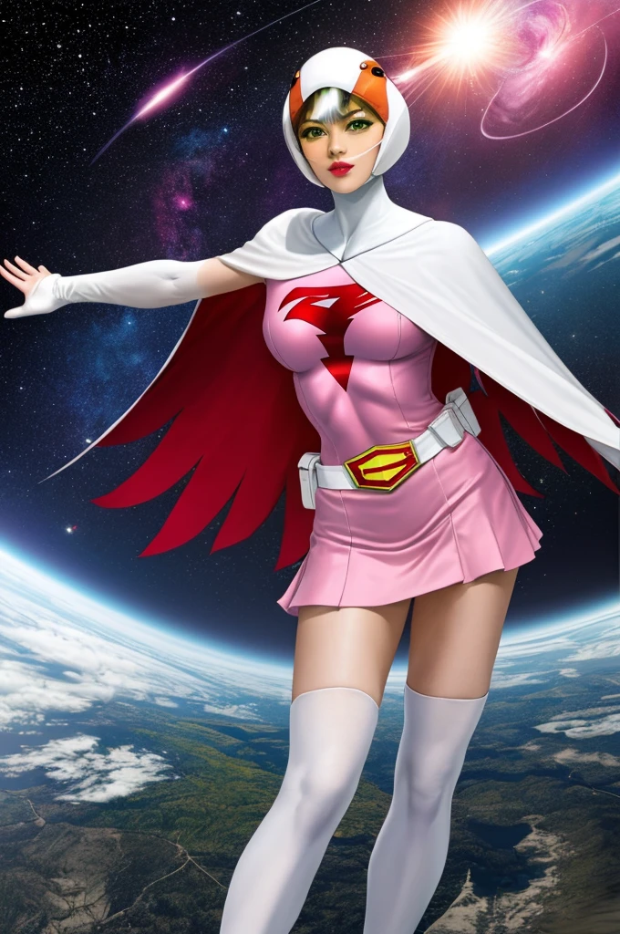 ((masterpiece)),((Highest quality)),((High resolution)),((Highly detailed CG Unity 8k wallpaper)), Outdoor, Day, Upper Body, View your viewers, alone, Concentration, break, 
Year_Classic_Jun_Gatchaman_myself, Jun the swan, 
One girl, chest, lips, medium chest, large chest, Green Eyes, lipstick, compensate, eyelash, eye shadow,
visor, Helmet, Cape, Elbow hand pockets, Knee socks, belt, White gloves, zettai ryouiki, mask, skirt, White legwear, Superhero, leotard, Spacesuit, Pink Dress, white Cape,  pink leotard, pink skirt, Short dress,
