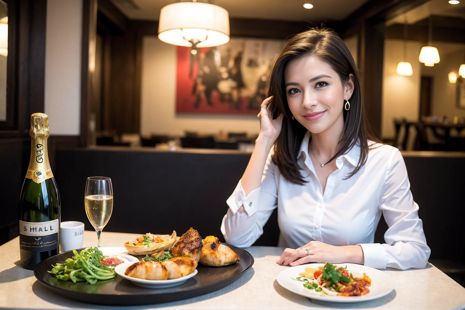 ((Highest quality、、masterpiece:1.3))、1 male、1 female、spouse、Beautiful couple、smile、full-course dinner、 (Slim face), (the body is スリム), (Brown Hair), (Shortcuts), ((Bob Hale、Straight hair:1.2)), テーブルの上のwine glass、Shine light on your face、 Amazing view of the sunset sky and clouds、smileの美しさ、Bright image、Blushing, Shortcuts, (43 years old), 39 years old, Appetizers、Italian food、Wine bottle、Champagne、sparkling wine、Long sleeve shirt、dress、Attractive beauty、restaurant, Nova Frog Style, actress, model, Upper Body, White wine, red wine, wine glass,