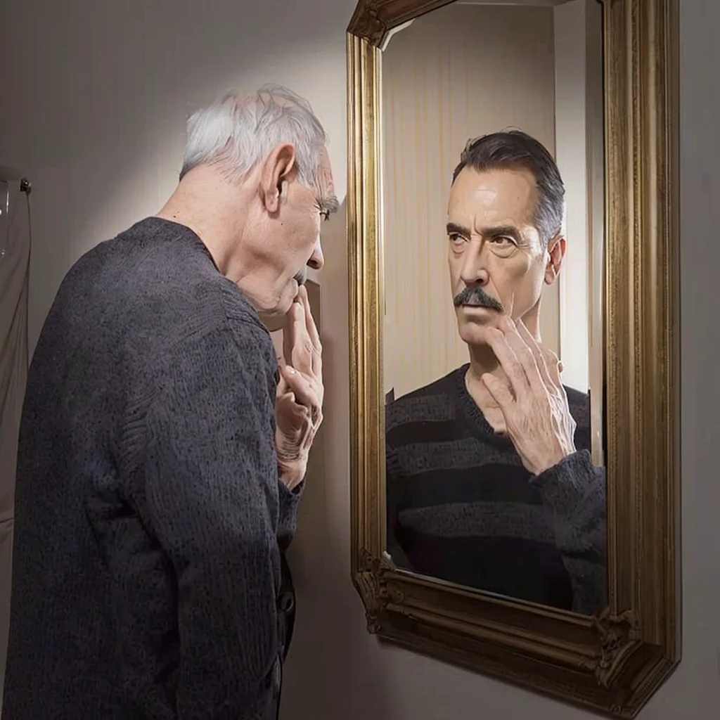 A man looked at himself in the mirror., Look in the mirror. at older self, Look in the mirror., Look in the mirror., looking into the mirror, Look in the mirror., older man, Wrinkles, angry at mirror, 80 year old man, alternative reality mirror, Mirror, Old look, With mirror, Both old and new