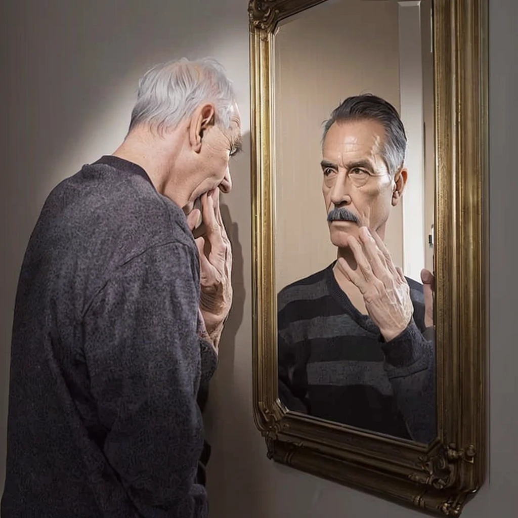 A man looked at himself in the mirror., Look in the mirror. at older self, Look in the mirror., Look in the mirror., looking into the mirror, Look in the mirror., older man, Wrinkles, angry at mirror, 80 year old man, alternative reality mirror, Mirror, Old look, With mirror, Both old and new