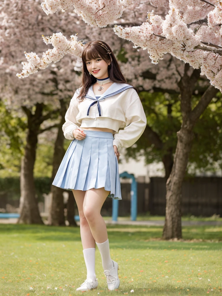 Facial hair color: Light cherry brown hairstyle: Semi-long hair with bangs、A style with slightly curled hair on the side. Eye color: Aqua blue complexion: With a rounded, gentle face、Skin tone with plump lips: White and translucent skin: Smile sweetly、A slightly provocative look, figure, height: 165cm
somatotype: Slim but curvaceous weight: 52kg Pose Basic Pose: Standing with a slight twist of the waist、Hand pose with one leg slightly bent: One hand gently lifts the hem of the skirt、The other hand is placed on the lips: A smile that captivates the viewer. Background location: Schoolyard after school、Detail of the courtyard background with the setting sun shining in: A row of cherry trees、Other costumes with falling petals dancing in the wind: Short sailor suit、The ribbon on the jacket is tied loosely.。The skirt is a pleated type.、Accessories: Black knee-high socks: Small earrings、A thin choker around the neck. Special ability: Has the power of charm、Able to attract and manipulate people