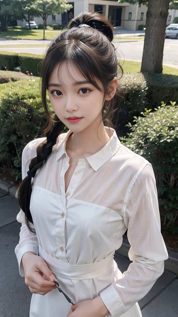 collared dress,European park,On the lawn,One woman,masutepiece, The highest image quality, High quality, the background is clear,Beautiful woman, Japanese,Ultra-detailed, finely detail, hight resolution, 8K Wallpaper, Perfect dynamic composition, Beautiful detailed eyes , Detailed, Detailed eyes, Detailed skin, Beautiful skin, 超hight resolution, (reality: 1.4),Very beautiful woman, Slightly younger face, Beautiful skin, slender, (Ultra photo realsisim), (hight resolution), (8K), (Very detailed) (beautifully detailed eyes), (super detailed), (Detailed face), view the viewer, Fine details, Detailed face, Staring straight ahead, Staring straight ahead, photos realistic, Bright lighting, Professional Lighting, Black hair,poneyTail,a baby face,sixteen years old,Hairstyle: ponytail,Long ponytail hairstyle,slight smile,neat and tidy clothing,Beautiful Japanese KPOP idol photo, hair style is ponytail, my eyes are double and wide, baby face, smile and look straight ahead, slender, small breasts,Close up face,