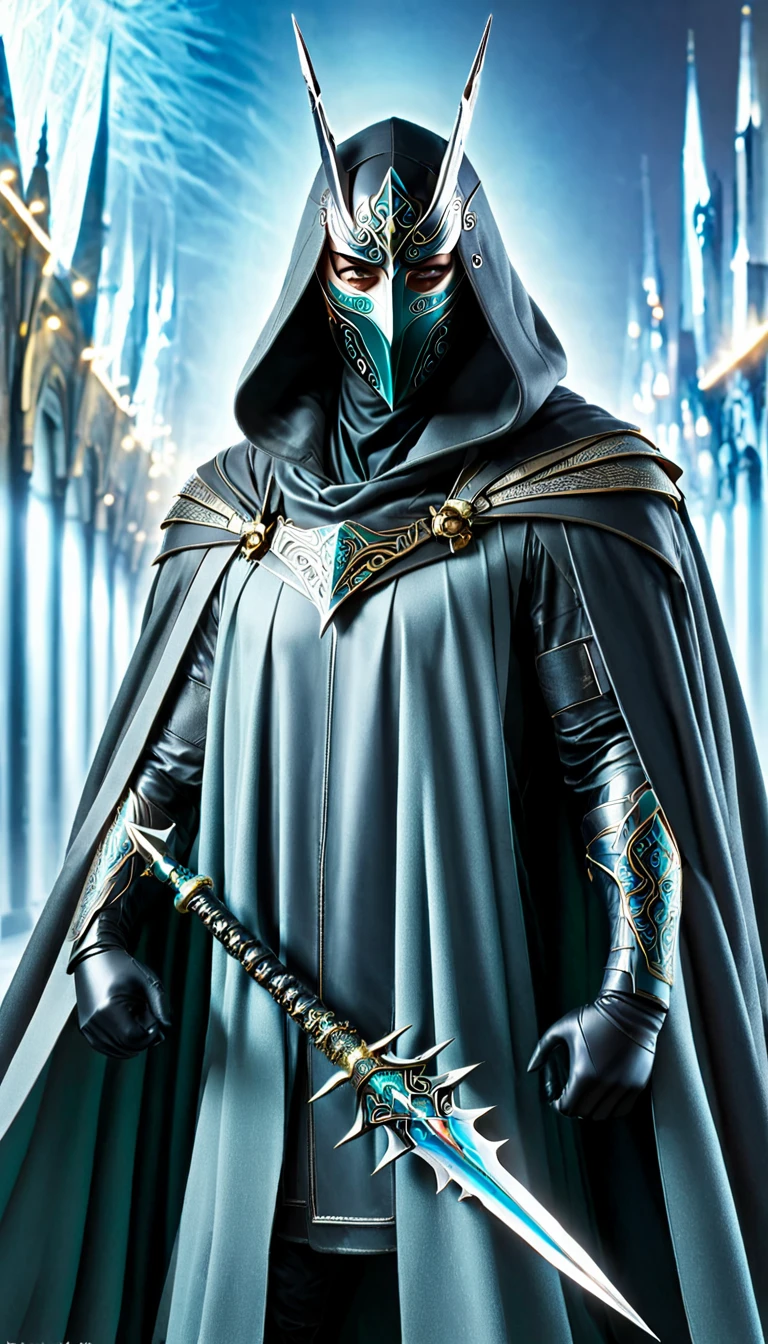 Cyber style，Tall male，Wearing a mask on his face and a cape, only his eyes are exposed，Personalized masks（Reflecting high cold，Abstinence style 1.3），Holding a small dagger(1.3)Dagger display can check appearance（1.5）