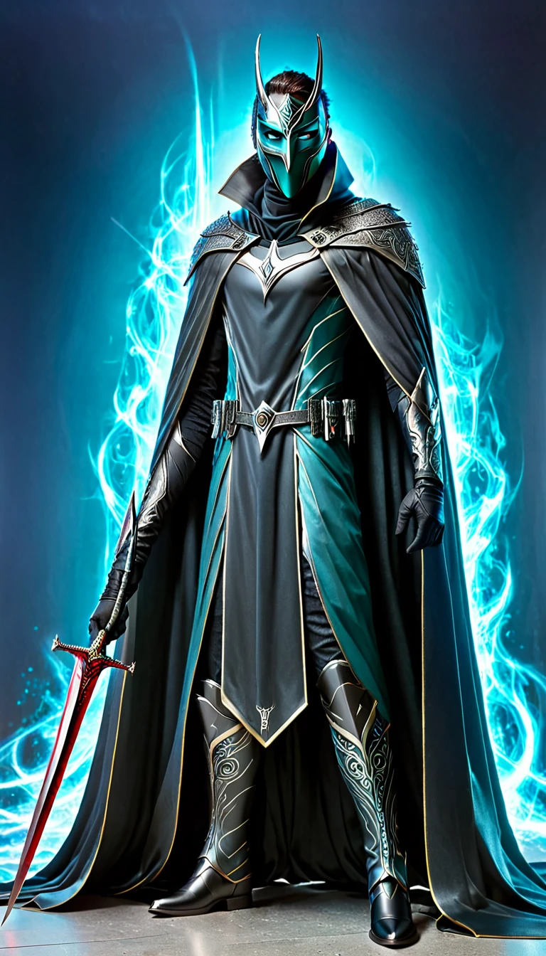 Cyber style，Tall male，Wearing a mask on his face and a cape, only his eyes are exposed，Personalized masks（Reflecting high cold，Abstinence style 1.3），Holding a small dagger(1.3)Dagger display can check appearance（1.5）