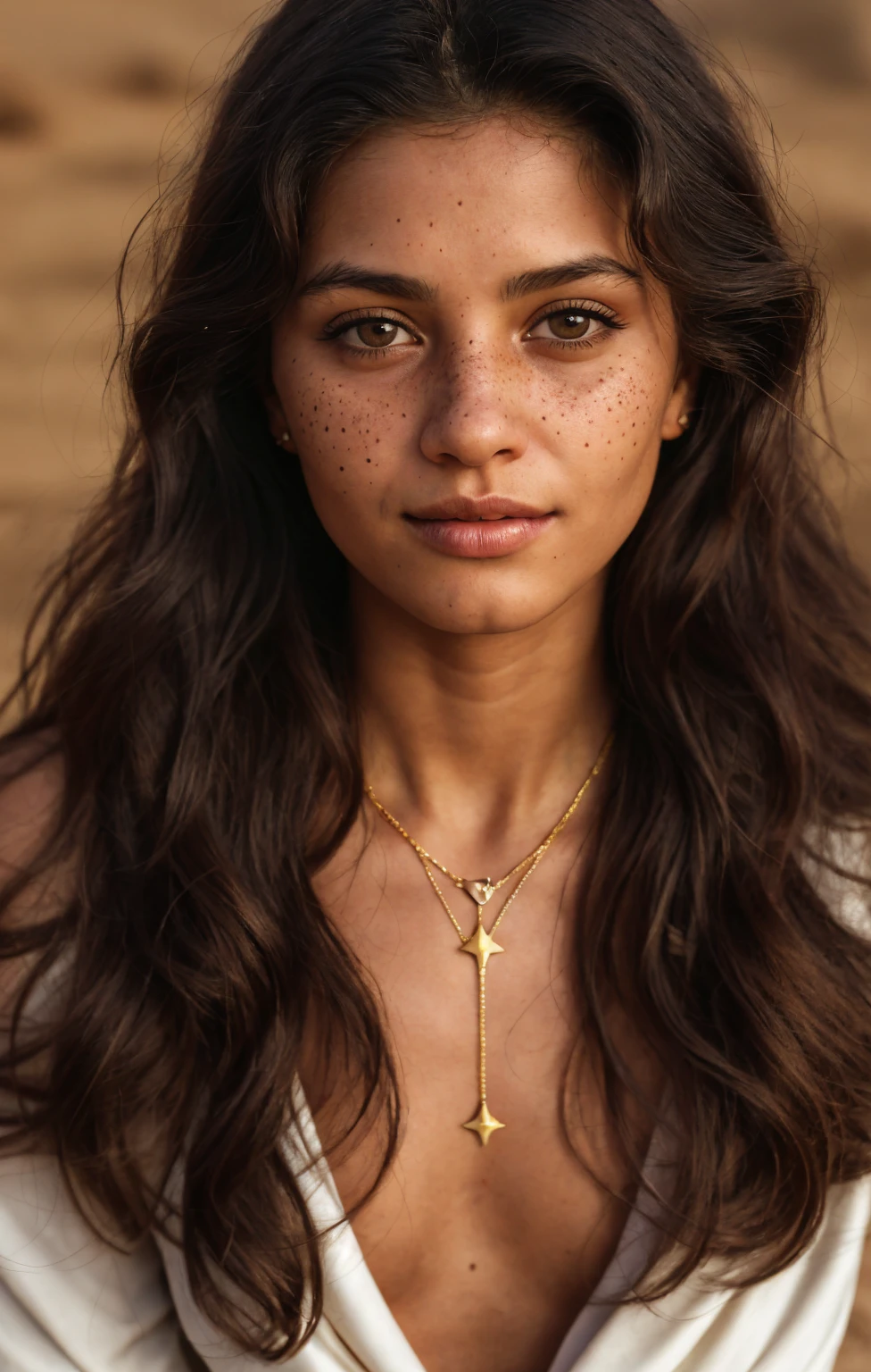 (Close-up, editorial photograph of a 20 year old woman), (highly detailed face:1.4) (smile:0.7) (background inside dark, moody, private study:1.3) POV, by lee jeffries, nikon d850, film stock photograph ,4 kodak portra 400 ,camera f1.6 lens ,rich colors, hyper realistic ,lifelike texture, dramatic lighting , cinestill 800, wavy hair, messy hair, Mischievous smirk, Black hair, freckles, Brown Eyes, jewels, necklace, White Suit (Amahl Farouk style), Astral Plane, Black Round Sunglasses, Sun, Sand, Desert, Arabian expressions, Egyptian woman, Arabian skin, Golden Aura, shadow queen