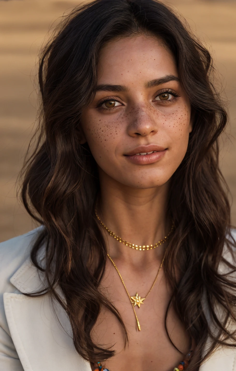 (Close-up, editorial photograph of a 20 year old woman), (highly detailed face:1.4) (smile:0.7) (background inside dark, moody, private study:1.3) POV, by lee jeffries, nikon d850, film stock photograph ,4 kodak portra 400 ,camera f1.6 lens ,rich colors, hyper realistic ,lifelike texture, dramatic lighting , cinestill 800, wavy hair, messy hair, Mischievous smirk, Black hair, freckles, Brown Eyes, jewels, necklace, White Suit (Amahl Farouk style), Astral Plane, Black Round Sunglasses, Sun, Sand, Desert, Arabian expressions, Egyptian woman, Arabian skin, Golden Aura, shadow queen