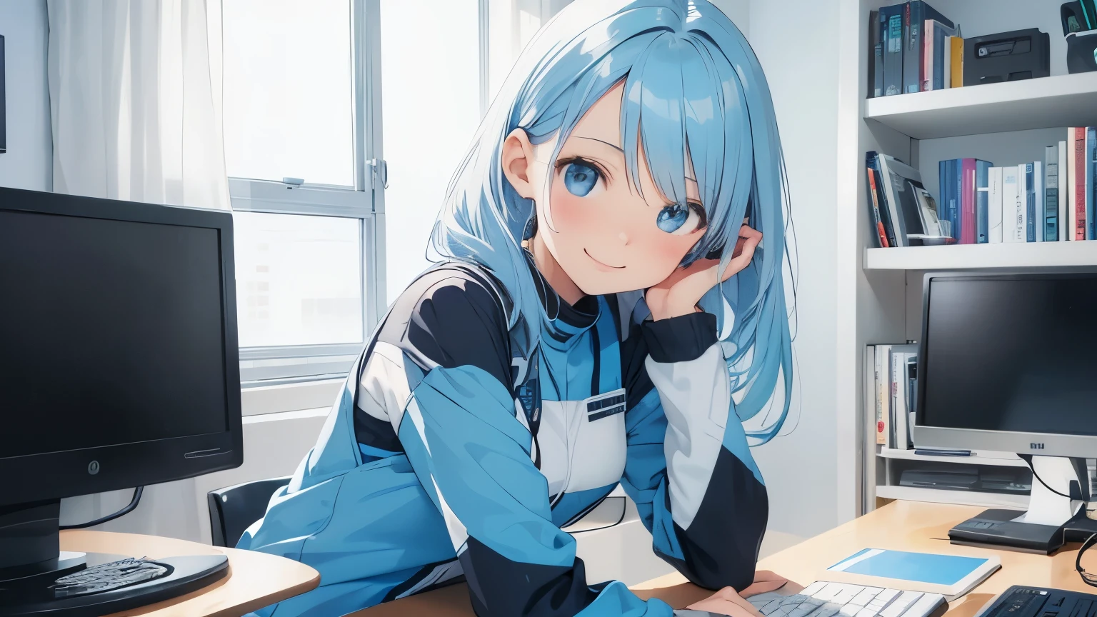 Programming on a computer, cheerful, smiling, cute girl, 1 person, sitting, semi-long light blue hair, bright computer room, illustration, no cut-out