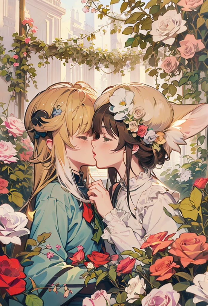 anime couple kissing in a garden of roses, alphonse mucha and rossdraws, guweiz, artwork in the style of guweiz, peasant boy and girl first kiss, a beautiful artwork illustration, kawacy, kissing together cutely, guweiz on pixiv artstation, lovely kiss, by Yang J, korean art nouveau anime