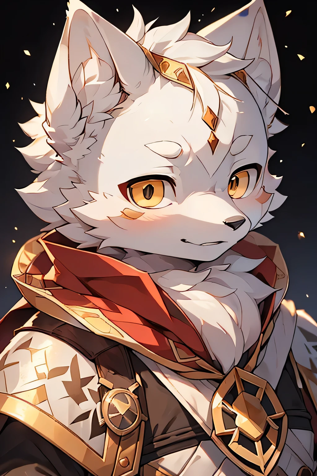 (Best image quality),(masterpiece),(((The only one))),(Very detailed),(Male Arctic fox:1.5), (White skin:1.3), hairy，(White fur:1.3),((Golden pupils)) ,(Gray ears),(hairy animal ears)，((Dressed in medieval armor)，Medieval generals，Red Cape，Natural Lighting，Complex background,Delicate face，Details on the face，character focus，Detailed clothes，Upper Body，Depth of Field，Perfect lighting，Clear focus，Light Particles，Solitary，serious