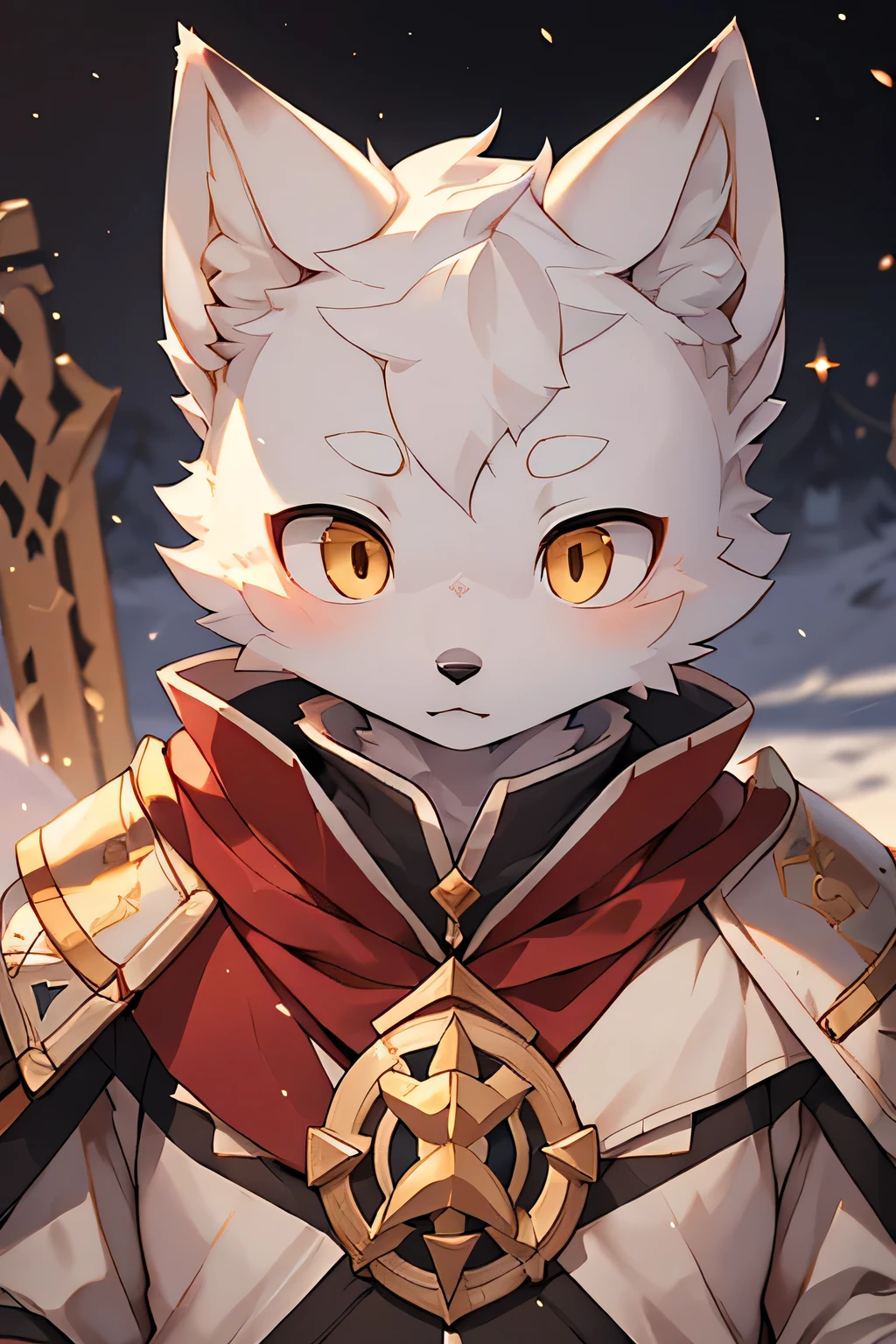 (Best image quality),(masterpiece),(((The only one))),(Very detailed),(Male Arctic fox:1.5), (White skin:1.3), hairy，(White fur:1.3),((Golden pupils)) ,(Gray ears),(hairy animal ears)，((Dressed in medieval armor)，Medieval generals，Red Cape，Natural Lighting，Complex background,Delicate face，Details on the face，character focus，Detailed clothes，Upper Body，Depth of Field，Perfect lighting，Clear focus，Light Particles，Solitary，serious