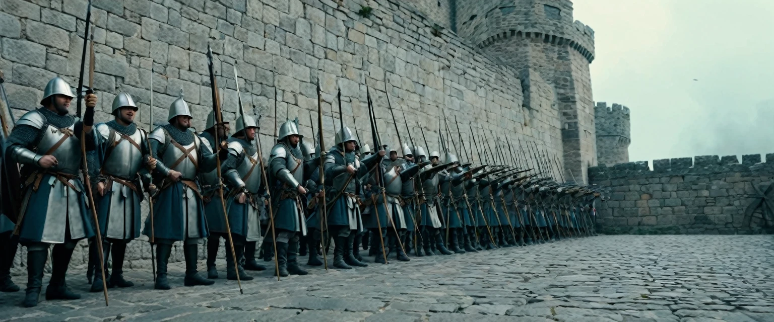 score_9, score_8_up, score_7_up, source_photo, photography, photorealistic, detailed, cinematic angle, rating safe, from below, Wide shot, Medieval soldiers on the city wall firing their bows against enemy, stone floor, masterpiece, best quality, 8k,