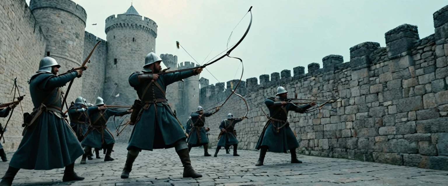 score_9, score_8_up, score_7_up, source_photo, photography, photorealistic, detailed, cinematic angle, rating safe, from below, Wide shot, Medieval soldiers on the city wall firing their bows against enemy, stone floor, masterpiece, best quality, 8k,
