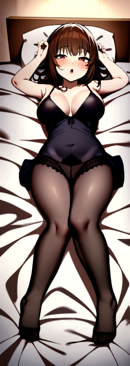 ((Realistic lighting、Highest quality、8K、masterpiece:1.3))、Clear focus:1.2、One Girl、Beauty with a perfect body:1.4、Slim Abs:1.1、((Dark brown hair、Huge boobs:1.3))、(Wearing ultra-thin black lace underwear:1.4、Gray Stockings:1.2、)、(outside of home、Daytime:1.1)、City streets、Super detailed face、I narrowed my eyes.、double eyelid、Put your hands on your head、Lying in bed、Open your legs、seduce with sexual expressions、Mouth details、18Japan Age、
