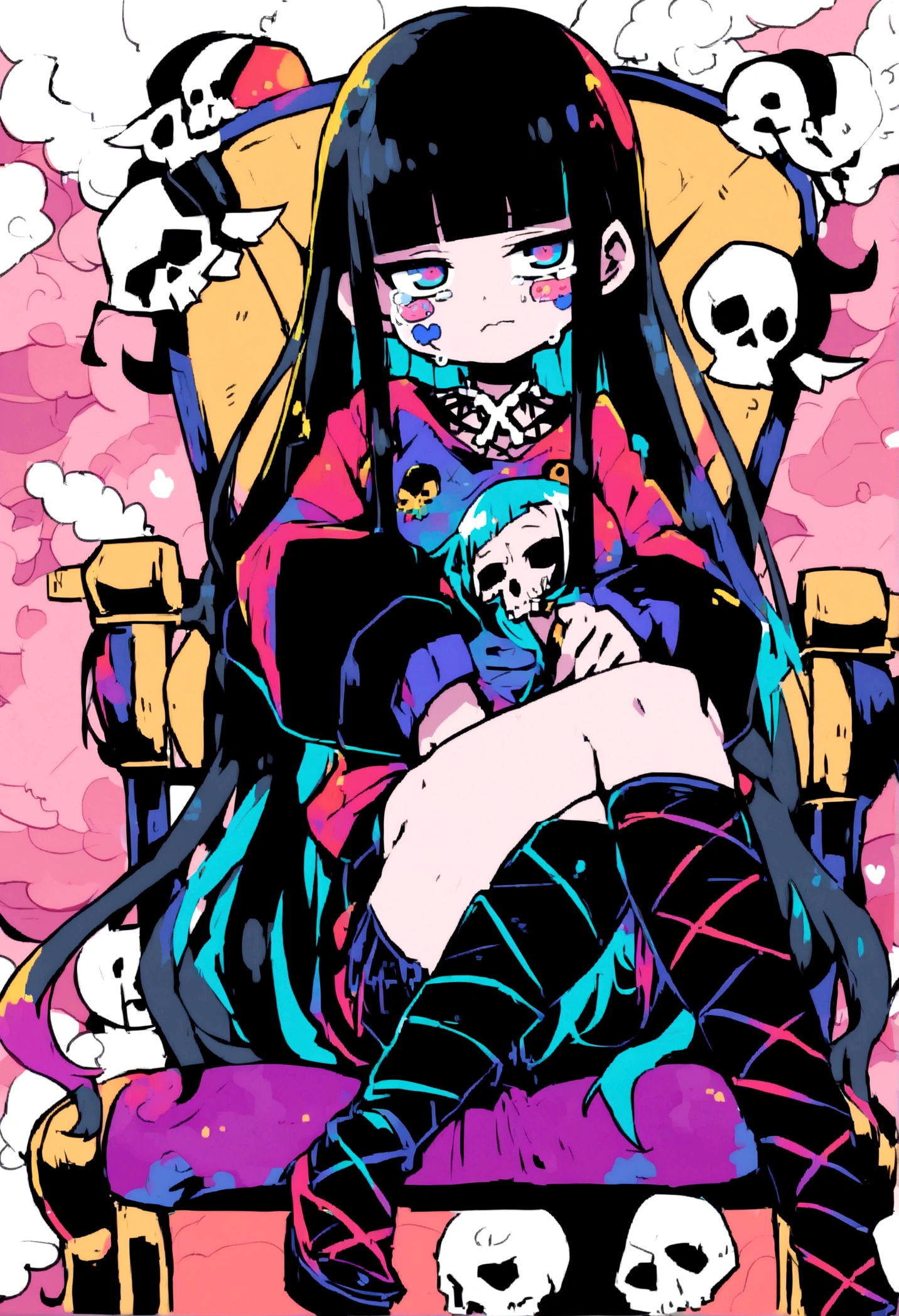 Black Hair、Black Feather、Gothic punk dress、Legs sticking out,Sit on a chair, Crossing your legs、Throne,anime zombie witch design, Crossbones, skull, Streetwear Design, Provector, Horror Style, Full Design, Only 6 colors, Solid Colors, No Shadow, Full Design, Stickers, Bright colors, White Background.Ultra-fine illustrations,(((Beautiful fine hair))),(((Beautiful Faces))),(((Beautiful background))),(((Beautiful fine hair))),(((Beautiful Faces))),(((Beautiful background)))、Black Hair、Blunt bangs,Undershot((Right hand white eye,Left eye purple)),Otto Eyes