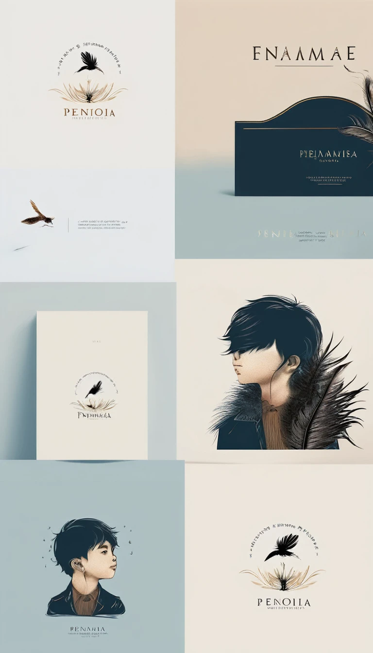 A minimalist, fantastic, poetic, dreamy, captivating, memorable, masterpiece, modern, simple logo design of a boy and a feather for the brand “Penamemoria". The logo must convey a sense of music, stories and dreams. Minimalistic logo design of a boy and a feather.