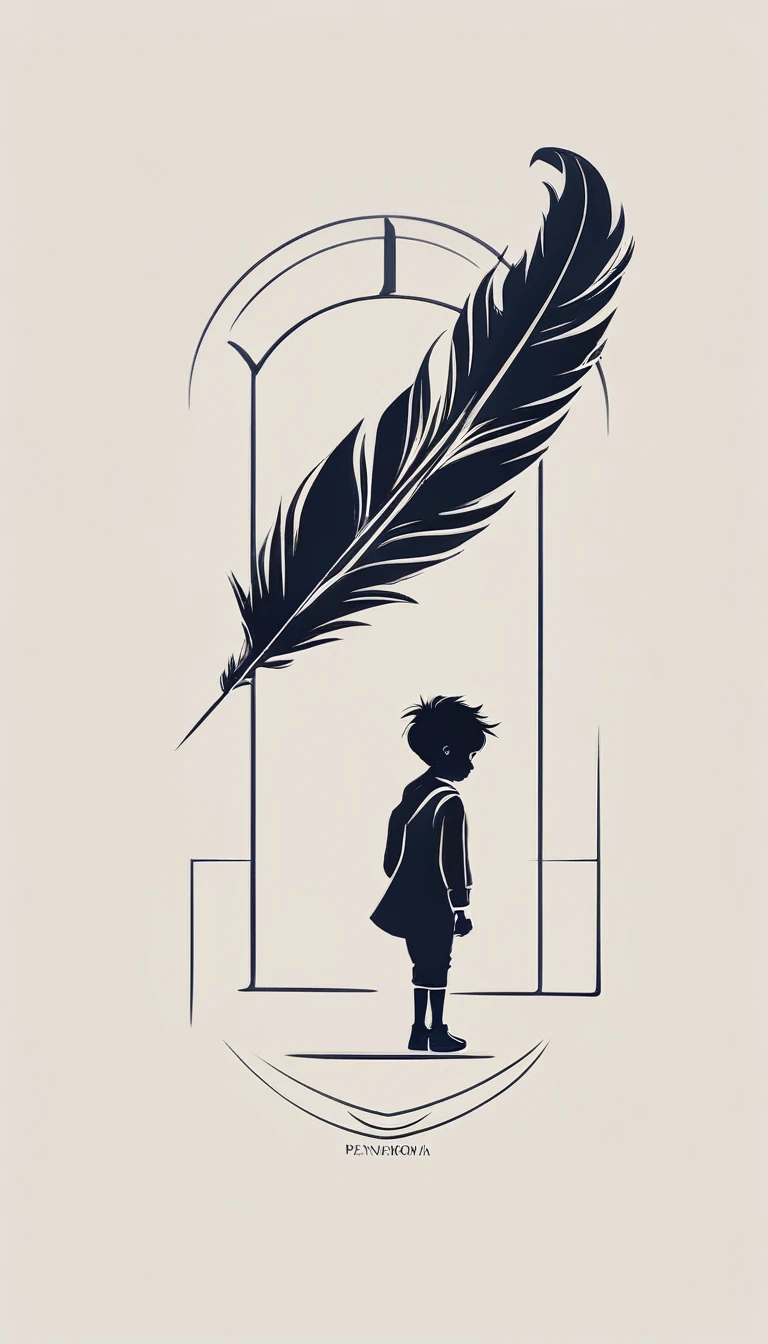 A minimalist, fantastic, poetic, dreamy, captivating, memorable, masterpiece, modern, simple logo design of a boy and a feather for the brand “Penamemoria". The logo must convey a sense of music, stories and dreams. Minimalistic logo design of a boy and a feather.