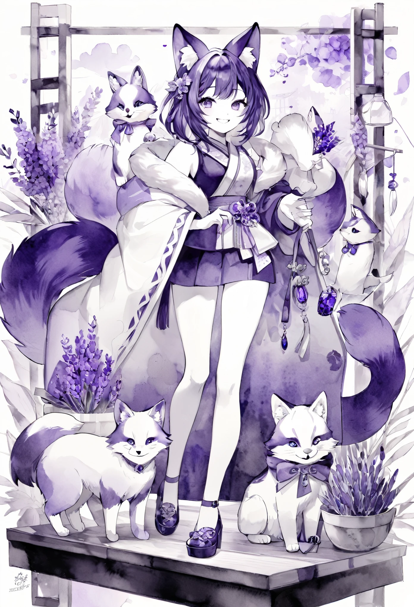 monochrome, watercolor, highres, top quality, best quality, paid reward available, High-quality illustrations, unparalleled masterpiece, perfect artwork, absurdres, 1girl, kemono, furry, detailed body fur, animal face, animal hand, Archaic Smile, holding a cluster of purple lavender in both hands, which are positioned at chest level, She is wearing a simple ring on the ring finger of her left hand, unfocused spread of purple lavender, fan-created work shared on platforms Pixiv or Twitter,