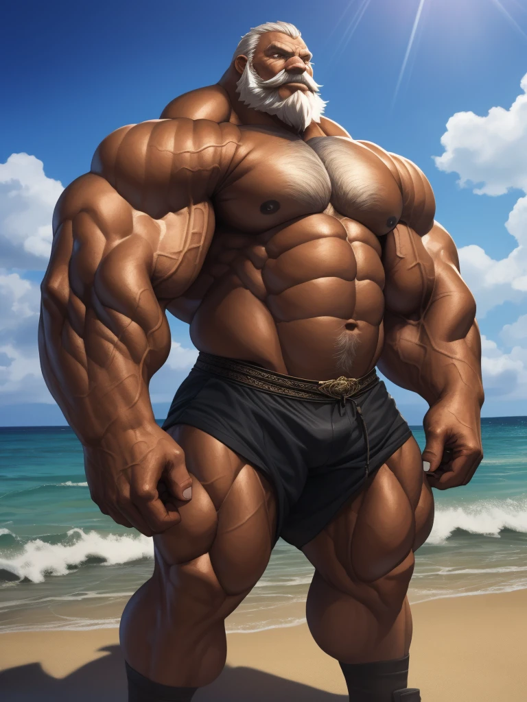 intricate detailed eyes, masterwork anime illustration, perfect proportions, powerful muscular body, perfect hands, veiny muscular body, thick arms, large biceps, masterwork anime screenshot, detailed muscle, old man, long beards, thick mustache, good anatomy, masterpiece, art winner, beach, white skin, extremely huge muscular, massive muscular, full-body, well-muscled old man. ((extremely muscle size, super thick arms, huge pec, extremely wide pectoral , huge arms)). and add details to make it attractive and interesting. Add textures and details to make the image more realistic, Make sure the resulting image is high resolution, 8K quality." (best quality,4k,8k,highres,masterpiece:1.2),ultra-detailed,(realistic,photorealistic,photo-realistic:1.37),dramatic lighting,chiaroscuro,atmospheric,moody,cinematic