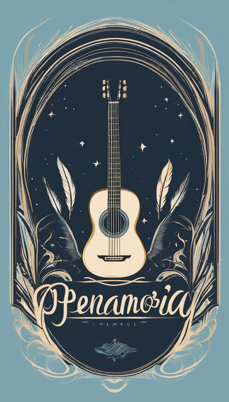 A minimal, modern, simple, cinematic logo design for the brand “Penamemoria". The logo design must be a simple, silhouette of a boy, standing up, playing acoustic guitar and fantasy feather by his side. The logo must convey a sense of music, stories, memories and dreams. Logo design impressed on a book cover. Minimalistic logo. Light blue, soft white and light golden as colors for the logo design