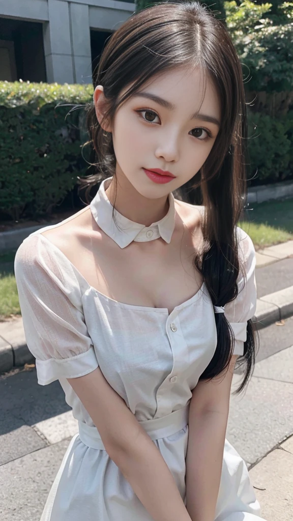 Realism, 18 years old beautiful and cute girl, masterpiece, best quality, crystal necklace, a delicate and beautiful girl, big eyes with a god, long eyelashes, beautiful pupils, sweet eyes with lying silkworms, sweet smile, (face filling), outdoor, sexy girl with S-shaped body, smooth wavy braids, (petite), tight shirt, pleated skirt,