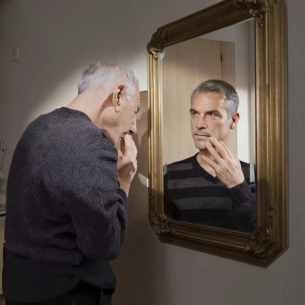 A photo, of an old man, short hair loss , looking at himself younger in a mirror. View from side of man, full body large scale, appartement parisian style