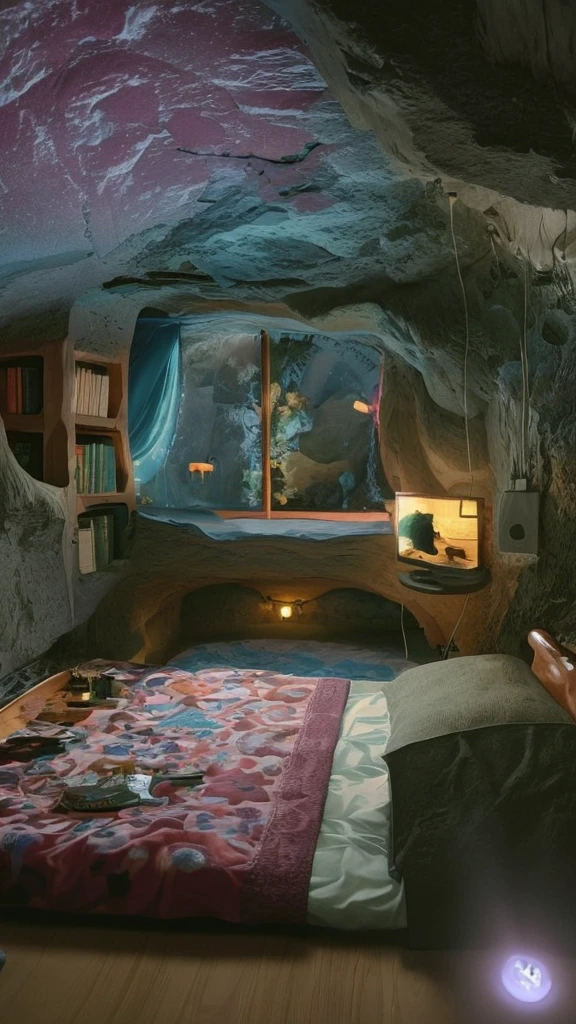 There is a bed with a colorful blanket and a window, Cozy rooms, snow cave, cozy bathhouse hidden in a cave, Cozy place, Studio Ghibli Bedroom, Inside a Hobbit Hole, books cave, Cozy and quiet atmosphere, 中央の石のcave, In the bedroom!!!!!!!!!!!!!!!!!!!!, cave, Cozy environment, basement, Cozy 90s Bedroom Retro-Futurism